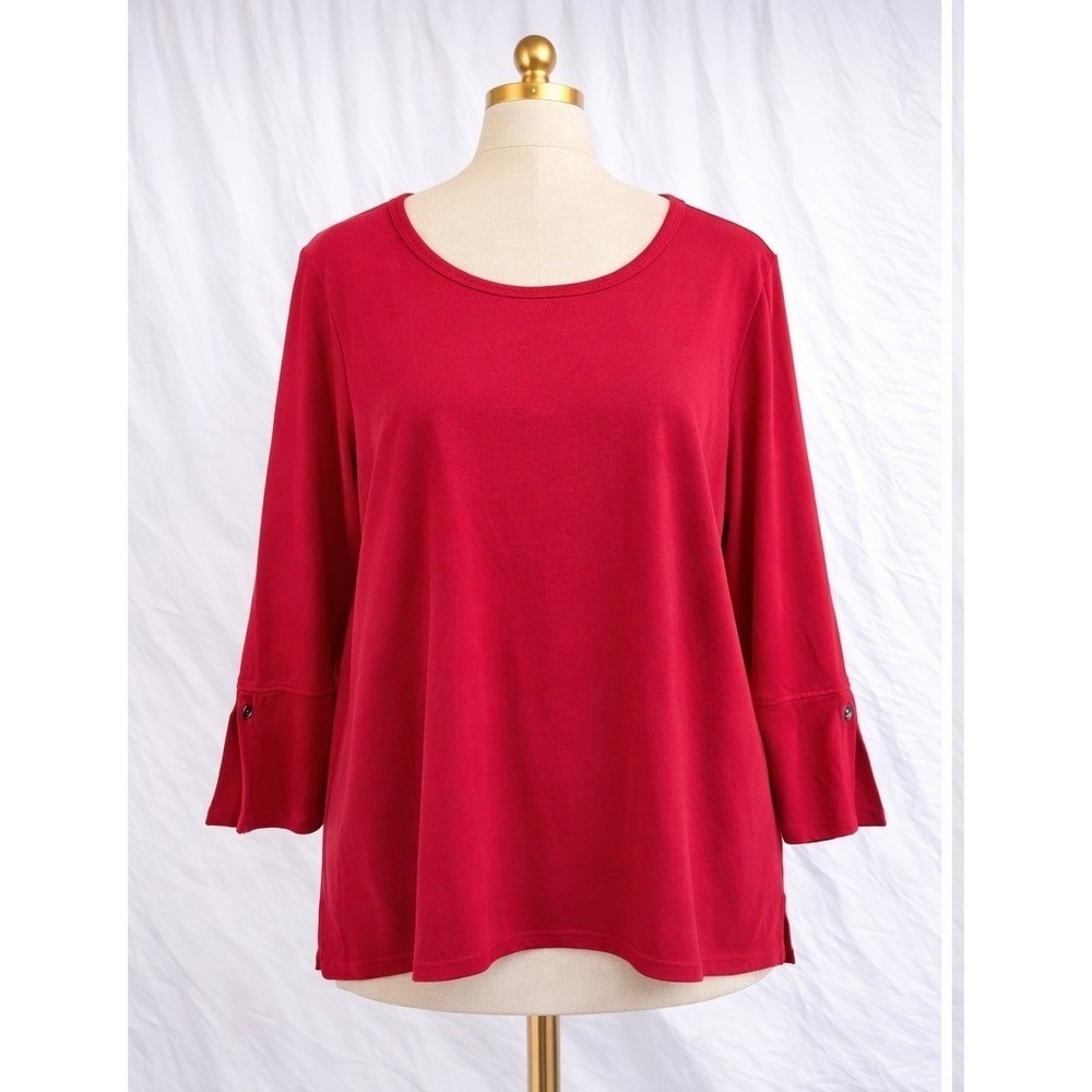 J. Jill Pima Tie-Sleeve Tee Size XL‎ Classic Red Flared Sleeve Pima Cotton Knit